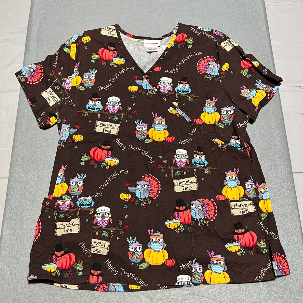 ScrubStar Thanksgiving Owl Pumpkin Mock Wrap Scrub Top Brown Large SS35Q910